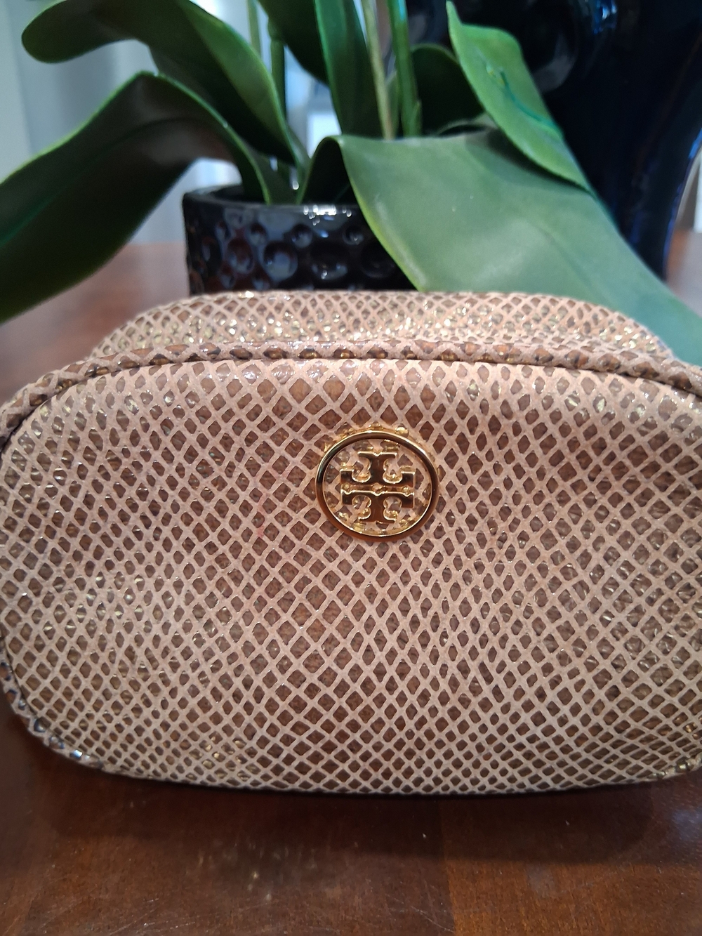 Tory Burch Blush Quilted Snake-Embossed Cosmetic Pouch with Gold Logo